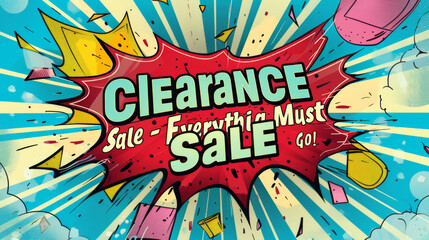 Bright and captivating pop art advertisement for a clearance sale, highlighting the urgency with "Everything Must Go!".