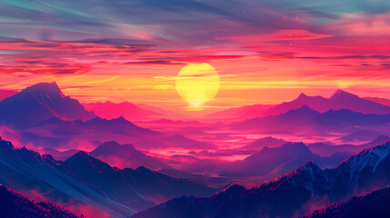 Vibrant sunset over misty mountains with layers of warm pink and cool blue hues.