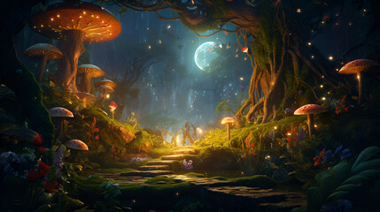 The forest is lit up with mushrooms and flowers in the style of realistic fantasy artwork fantastical street dark emerald and light cyan