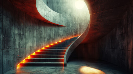 A spiral staircase with lit up steps