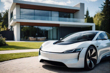 Futuristic EV car next to a modern home with copy space. Alternative Clean Energy and Sustainable...