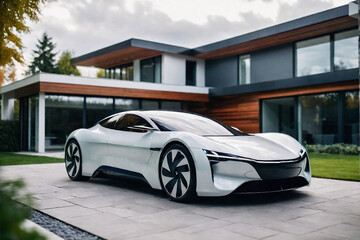 Futuristic EV car next to a modern home with copy space. Alternative Clean Energy and Sustainable Concept.