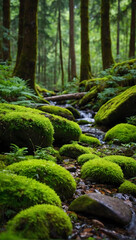 Verdant Wilderness, Witness Nature's Splendor with Stones Adorned in Vibrant Green Moss Amidst the Forest Floor.