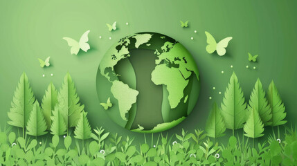 Artistic representation of a sustainable world with green continents, surrounded by foliage and butterflies, symbolizing ecological balance.