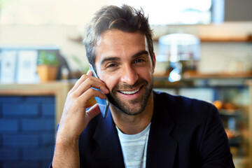 Phone call, portrait and smile with business man in office for communication, networking or...