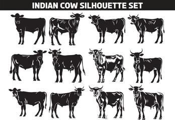 Indian Cow Silhouette Vector Illustration Set