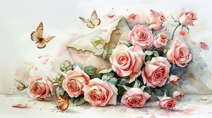 Charming watercolor artwork showcasing a bouquet of roses in an antique envelope, with butterflies enhancing the romantic aroma theme, painted in luminous pastels against a white backdrop