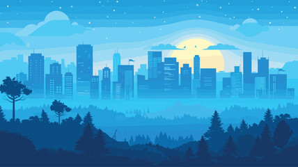 Blue urban cityscape skyline layered design. Forest trees foreground modern buildings background, serene dusk setting. Cartoon style urban vector illustration, sunset clouds over metropolis © Vectorvstocker