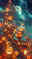 Spooky Halloween pumpkin in front of a house. Scary setting with a carved pumpkin in the forefront and a mysterious mansion amidst a dark, eerie forest It evokes a sense of fear and the supernatural