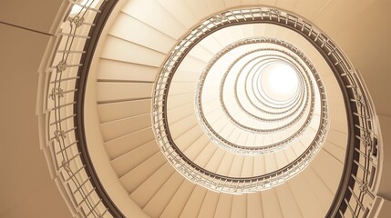 A panoramic shot of a towering, upward spiral staircase, each step a metaphor for progress and ascent, set against a refined, elegant cream background.