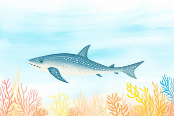 Fototapeta premium A whale shark swimming through a background of colorful coral reefs