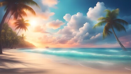 Glowing sea with bright clouds and tropical beach with palm trees