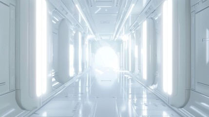 corridor of a building, minimalist, white, futuristic,  the light shines through columns in a long...