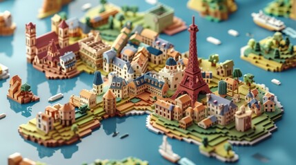 View France states Maps 3D into captivating voxel art, adding a whimsical and dimensional touch to each states representation, diverse geography, Ensure each state stands out with depth ,isometric 
