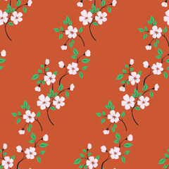 Seamless floral pattern, decorative flower ornament, ditsy print in vintage nature folk motif. Botanical surface design: small hand drawn flowers, branches, tiny leaves in stripe. Vector illustration.