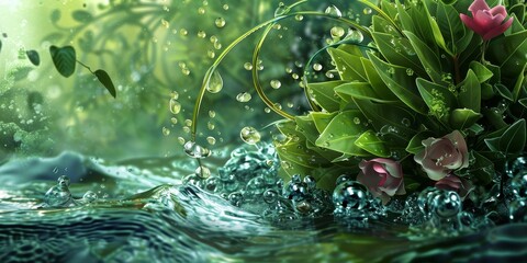 Naklejka premium Floating Flowers and Leaves in Water