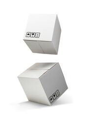 Cardboard parcel boxes falling on white background
