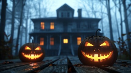 Spooky Halloween pumpkin in front of a house. Scary setting with a carved pumpkin in the forefront and a mysterious mansion amidst a dark, eerie forest It evokes a sense of fear and the supernatural