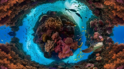 An immersive 360-degree panorama of an underwater coral maze, teeming with colorful marine life and intricate reef formations