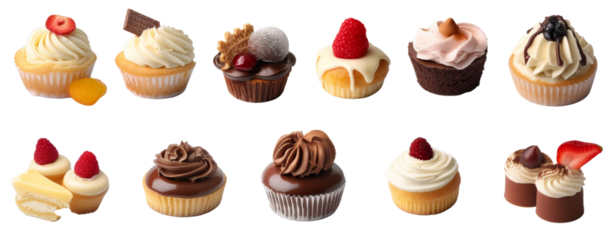 Set of cupcakes, desserts, cakes isolated on transparent background. cut dessert elements, structures in the garden. Top view high quality PNG." designs, top view / flat lay