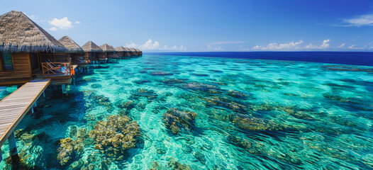 A beautiful blue ocean with a few small houses on a pier