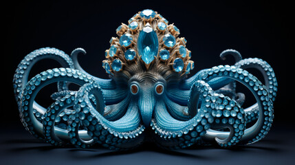 A blue octopus with a crown of jewels on its head