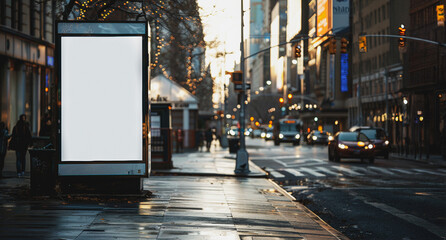A large white billboard sits on a city street