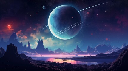 Vector illustration of a stunningly beautiful planet suspended in the vast expanse of space, showcasing its mesmerizing colors and captivating atmosphere.