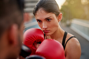 Girl, boxing gloves and outdoor for training, mentor and female boxer or athlete, road and fitness....