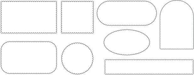 Scallop edge border and frame. Square, Circle and Rectangle shape. Vector lace frill. Simple label. Decorative collection