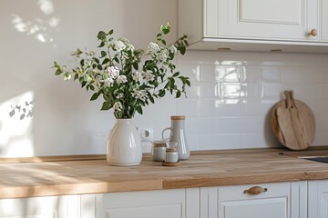 Fototapeta na wymiar Minimalist Elegance: Fresh Flowers in a White Kitchen