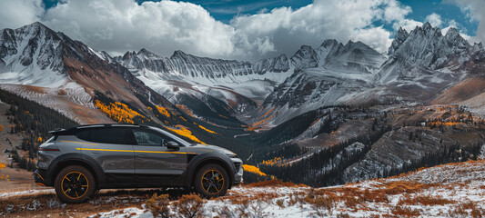 A gray car is parked on a snowy mountain