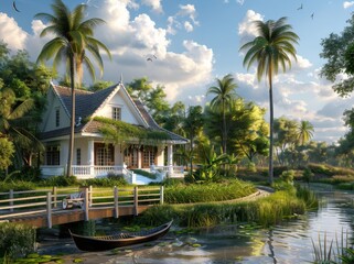 house with a white fence and a rowboat in front, palm trees, a grassy yard, and a wooden bridge...