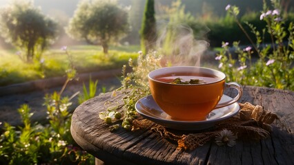 Cup of herbal tea in the garden, summer morning healthy beverage, warm drink - obrazy, fototapety, plakaty