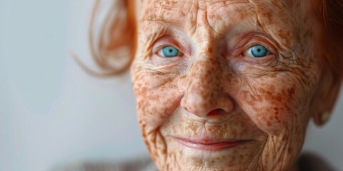 close up of an elderly woman with freckles redhead and green eyes with wrinkles
