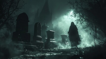 The dark figure walks through the cemetery. It's a foggy night and the only light comes from the moon. The figure stops at a grave and looks down.