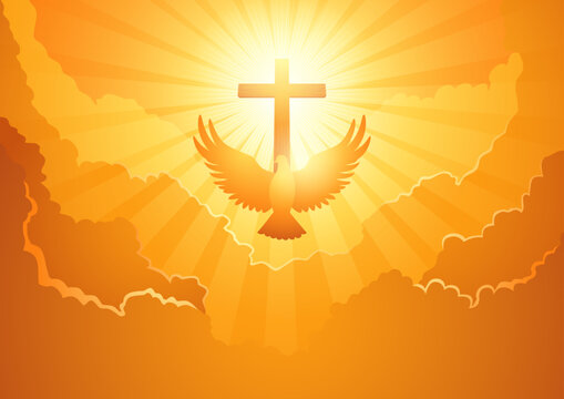 Divine symbolism for Pentecost or Ascension Day, a majestic dove spreads its wings against a dramatic backdrop of a cross and cloudscape, themes of spiritual ascension and divine presence