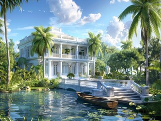White House with a front porch and a small bridge over a canal, tropical palm trees in the...