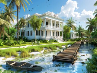 White House with a porch and front yard, a small rowboat in the foreground on a waterway, coconut...