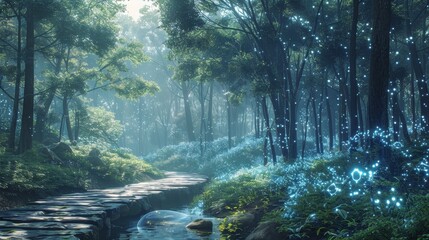The photo shows a beautiful and enchanting forest with a river running through it