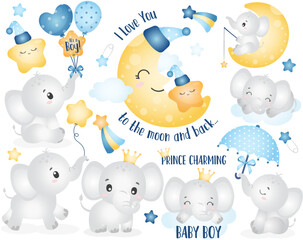 baby shower, boy, new baby, nursery, elephant, moon and stars
