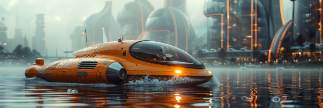 Futuristic hydrocars exploring advanced cityscapes