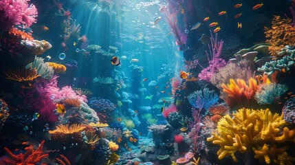 Underwater scene with various species of fish swimming around a coral reef.