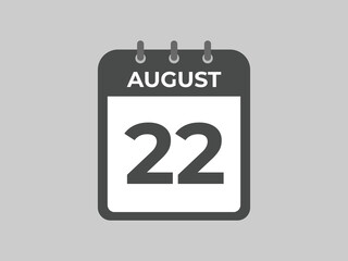 August 22 calendar reminder. 22 August daily calendar icon template. Calendar 22 August icon Design template. Vector illustration
