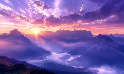 Mist-shrouded mountains, vibrant sunset, clouds paint the sky