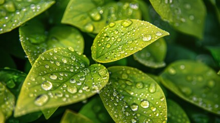 Close-up of dew on vibrant green leaves, capturing the freshness of a June morning