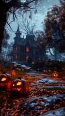 Spooky Halloween pumpkin in front of a house. Scary setting with a carved pumpkin in the forefront and a mysterious mansion amidst a dark, eerie forest It evokes a sense of fear and the supernatural