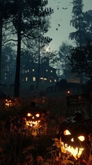 Fototapeta premium Spooky Halloween pumpkin in front of a house. Scary setting with a carved pumpkin in the forefront and a mysterious mansion amidst a dark, eerie forest It evokes a sense of fear and the supernatural