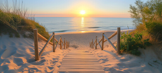 wooden way to the sandy beach in sunset