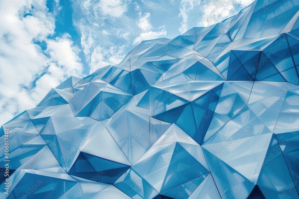 Poster a 3d rendering of a blue crystal structure with a blue sky and white clouds in the background. aig51